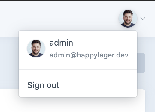 An account menu that displays the logged in user’s username and email