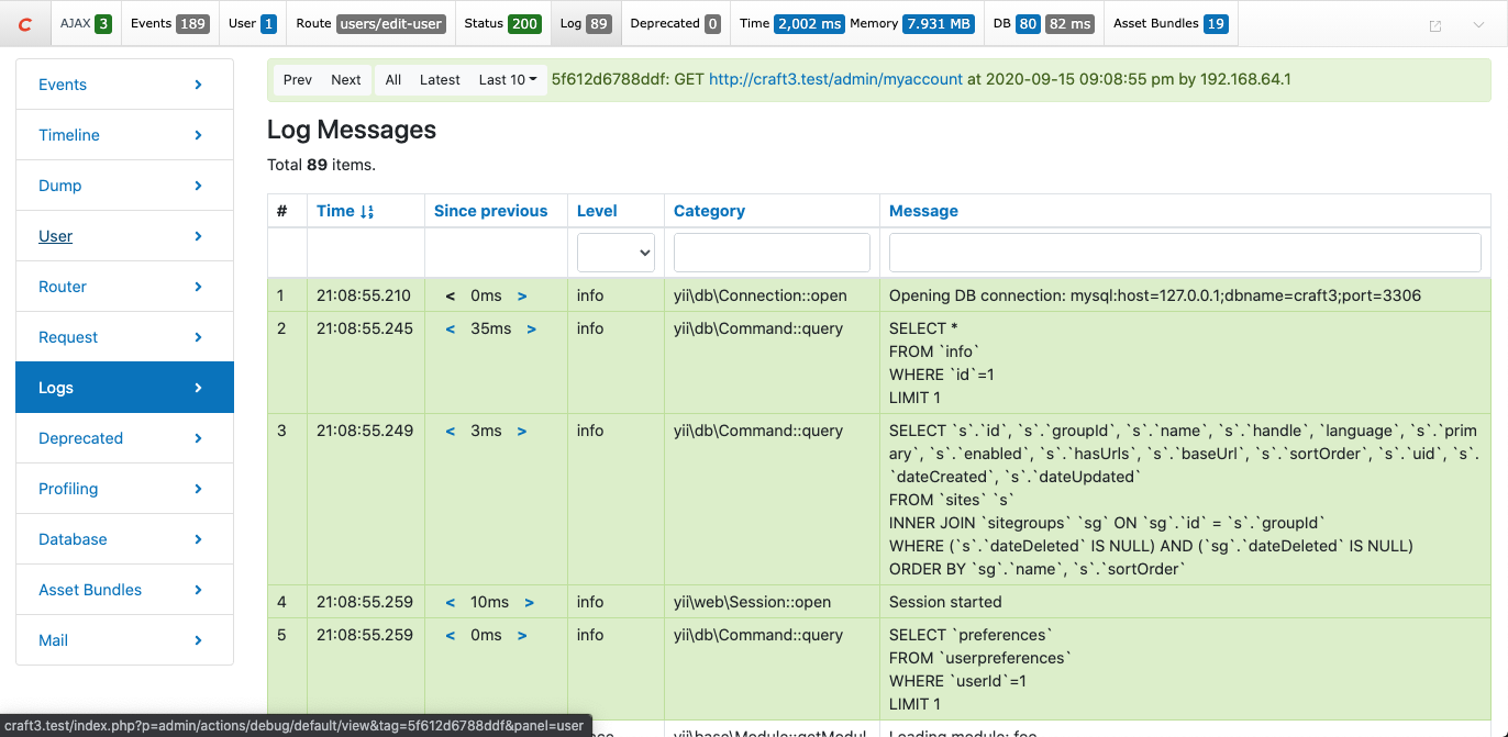 The Log tab in a Debug Toolbar