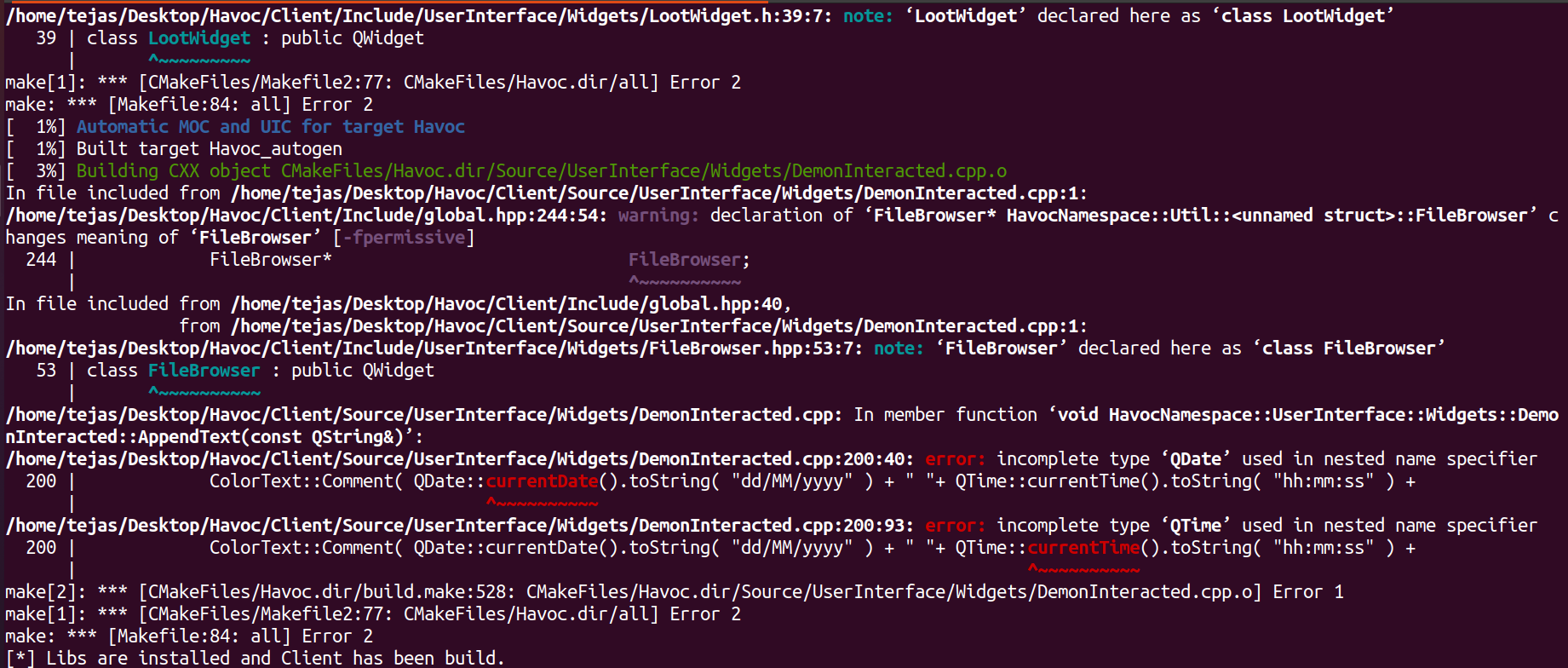 Error incomplete type qdate used in nested name specified issue