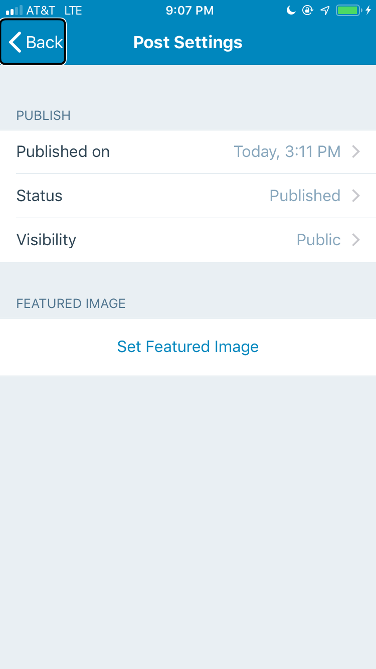 Screenshot of the WordPress Page Post Settings from the WordPress iPhone app