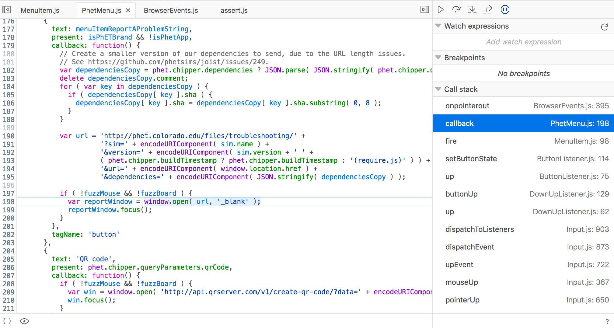 Report a Problem, PhET site throw assertion failed error, cannot