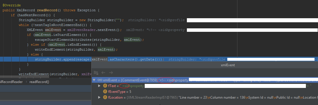 XmlRecordReader return a ClassCastException when reading a comment line ...