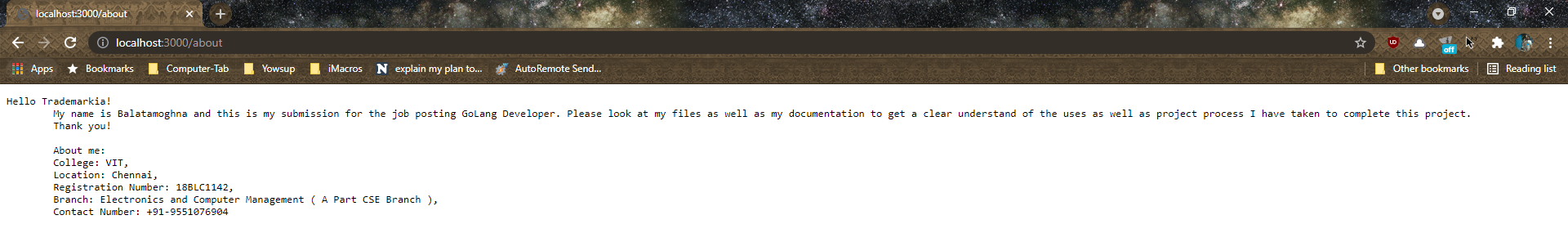 About me page (invokes AboutMe function)