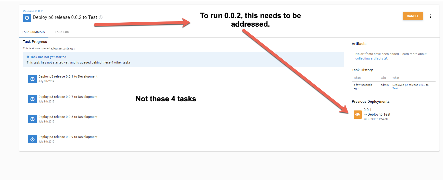 All the queued server tasks are displayed when deploying for a project