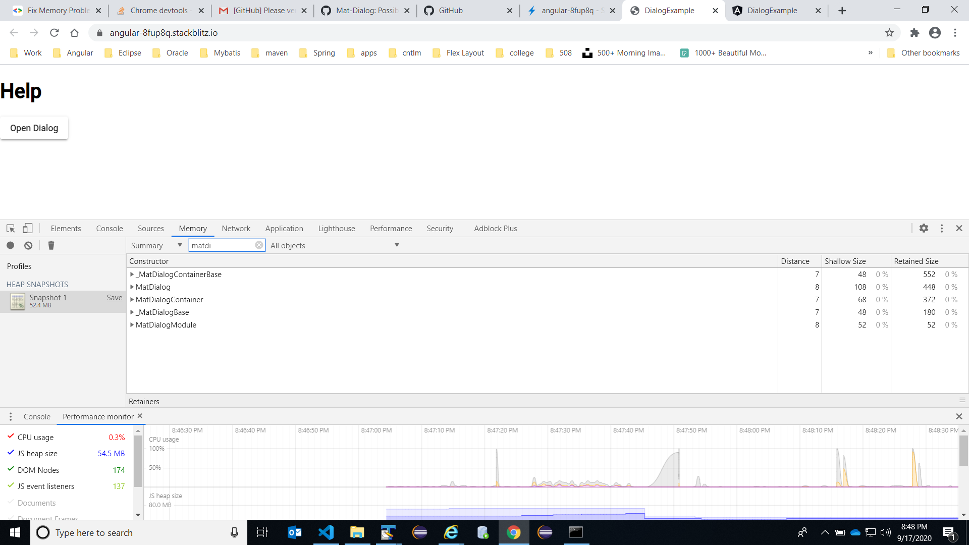 MatDialog Possible memory leak when dialog includes textarea, input