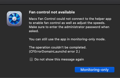 Macs Fan Control could not connect to the helper app to enable fan ...