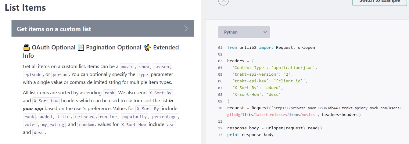 Apiary - Trakt User List Items