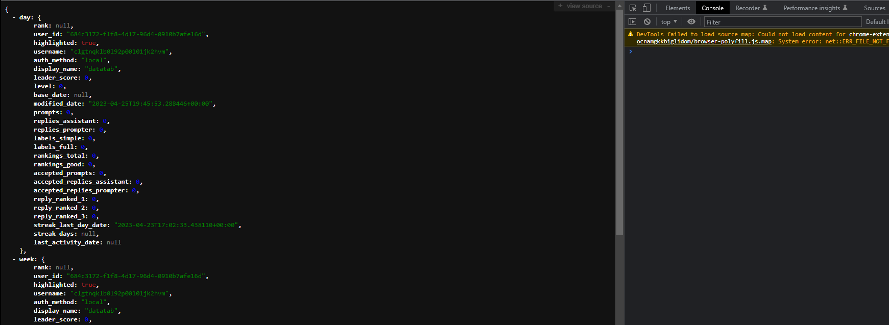 API https://open-assistant.io/api/user_stats fails with server error ...