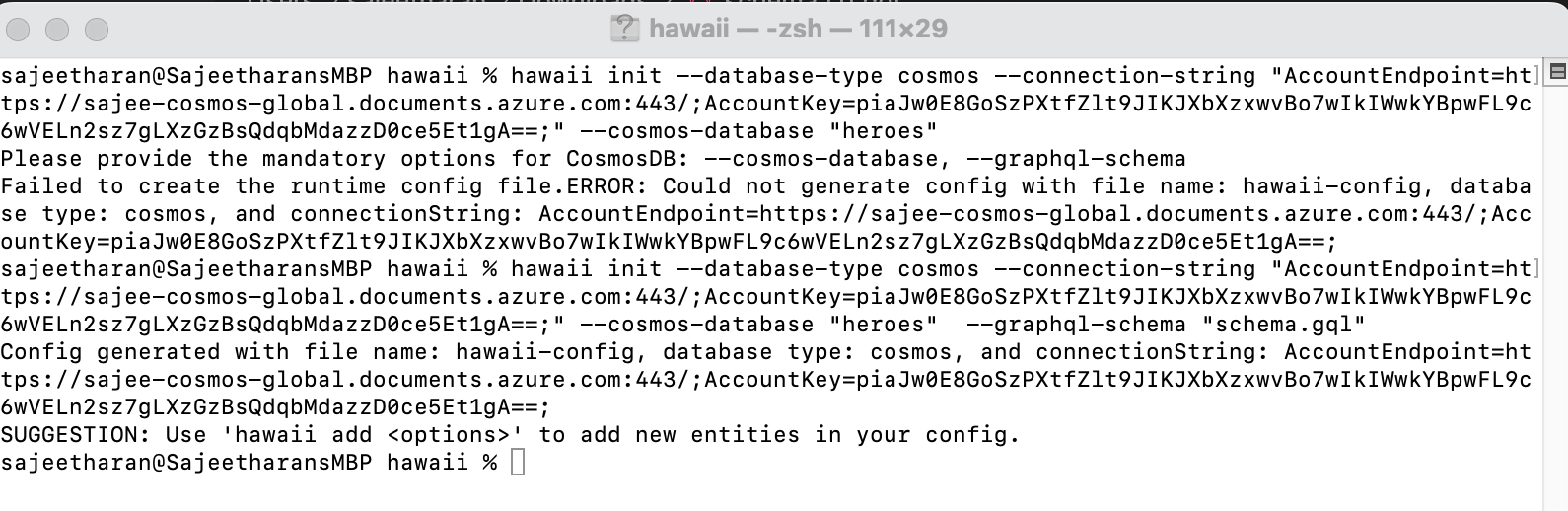 CLI : Error Message - Complains to provide the Cosmos-Database name ...
