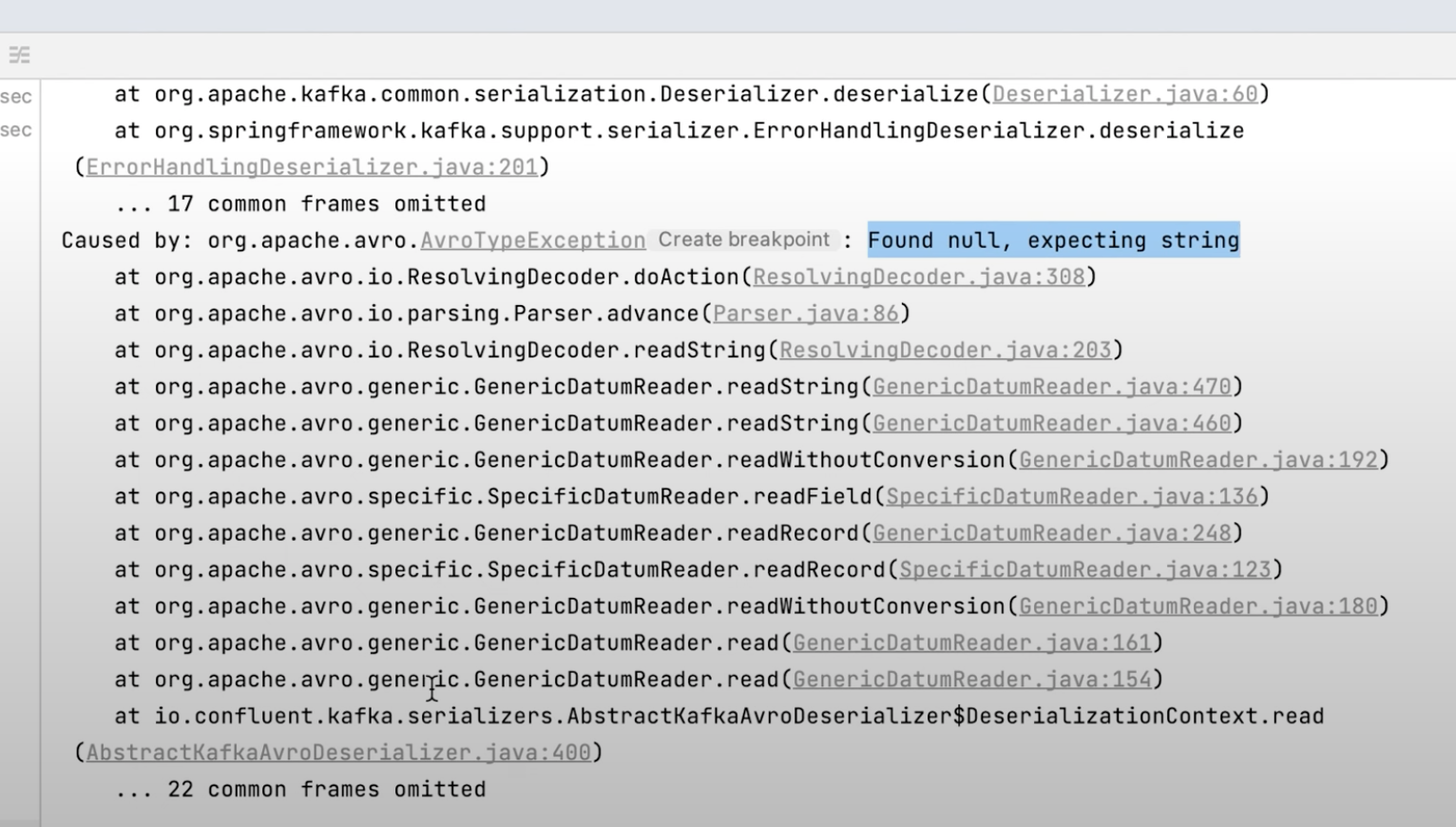 Spring kafka throws deserialise error on null values when avro schema