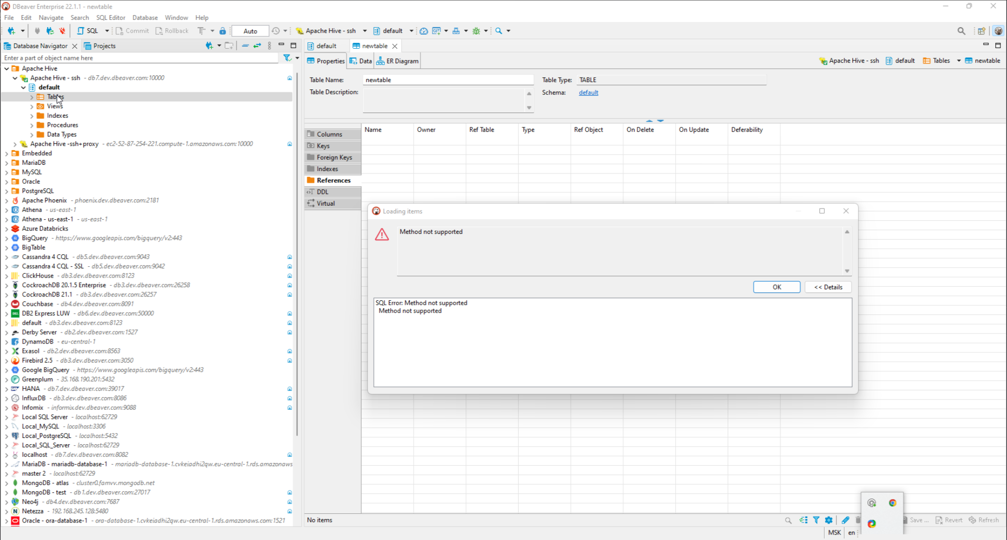 Can t open references tab in hive issue 17314 dbeaver dbeaver github
