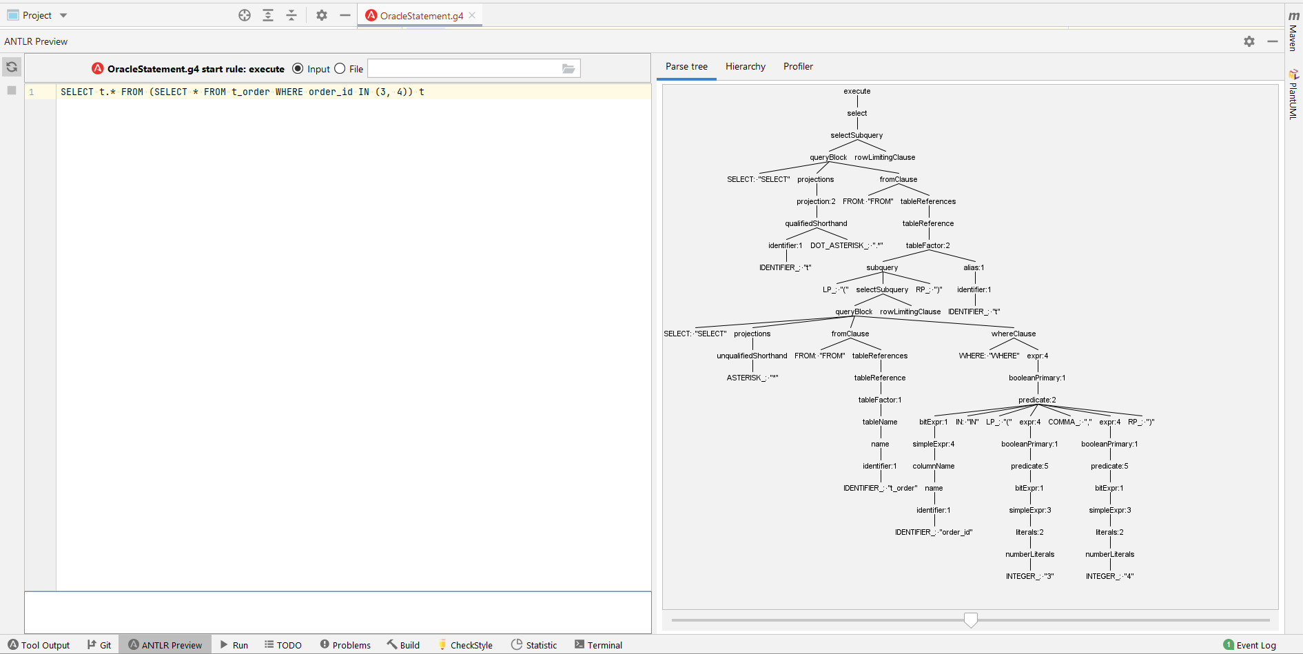 AntlrParseTree-OracleStatementG4