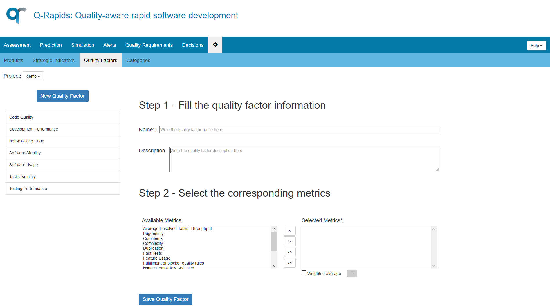 Quality Factors creation