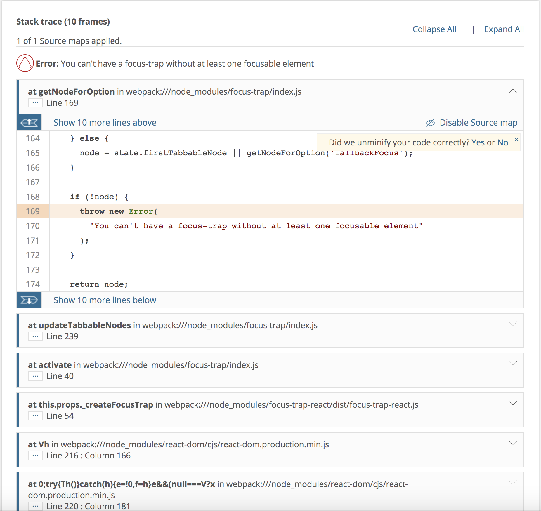 New relic JS error: "You can't have a focus-trap without at least one ...