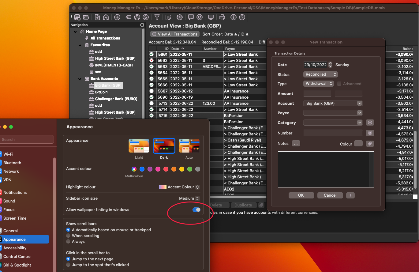 'Allow Wallpaper tinting in windows' not handled correctly on MacOS