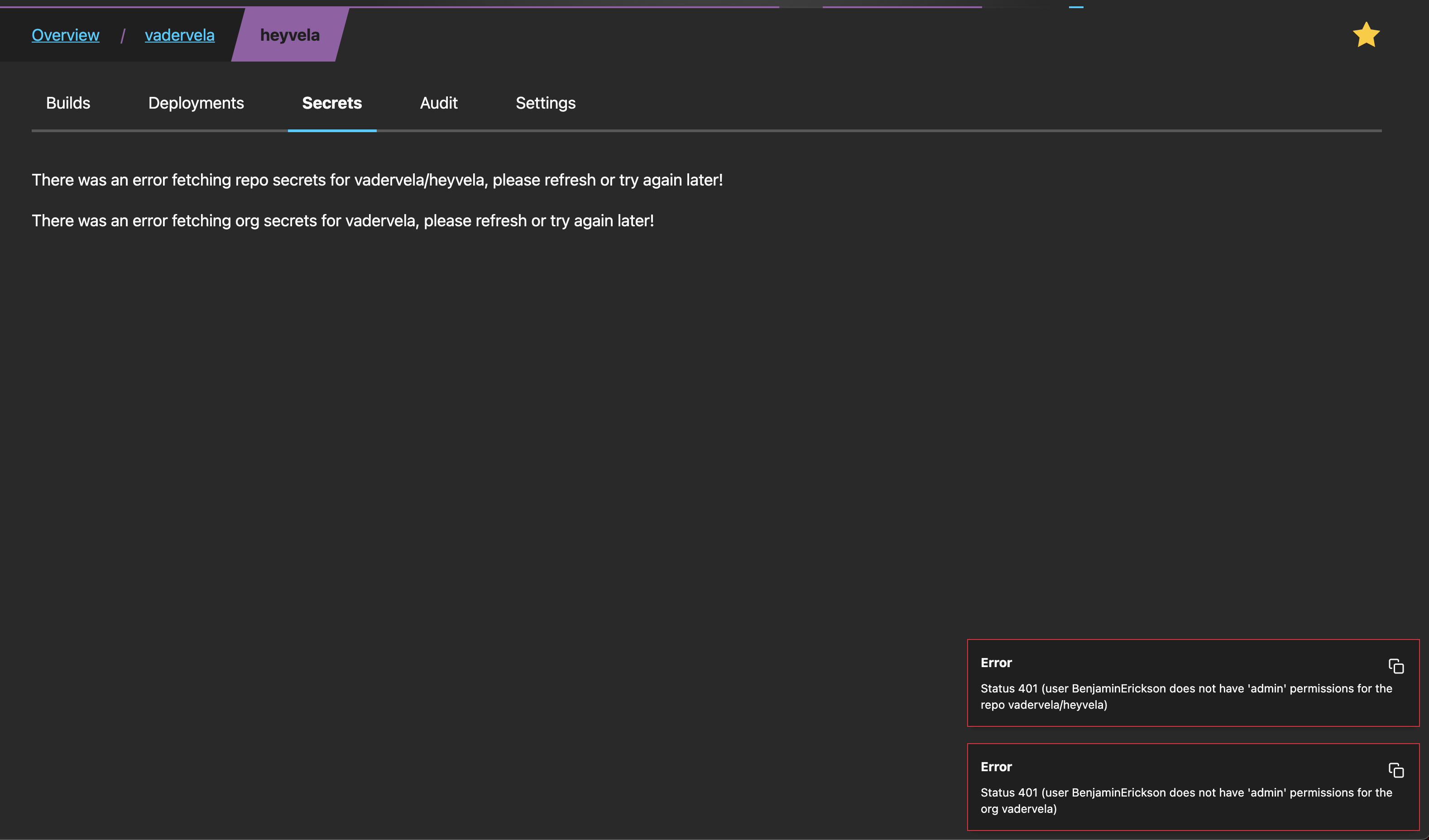 Improve permission denied experience in the UI · Issue #401 · go-vela ...