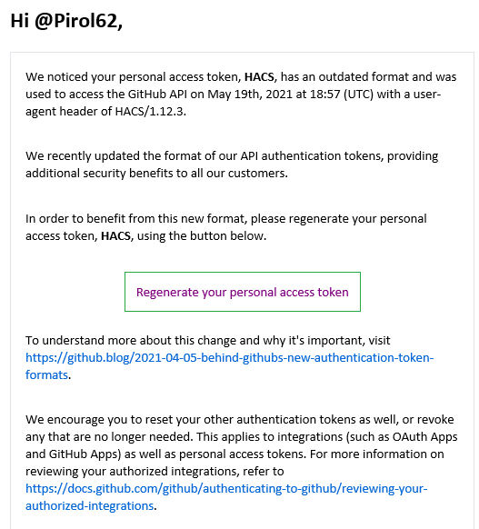 GitHub wants me to update a token · Issue #2070 · hacs/integration · GitHub