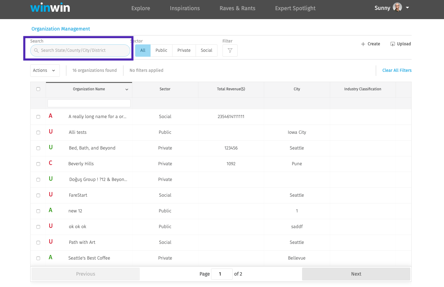 Org Management Page - Search Text