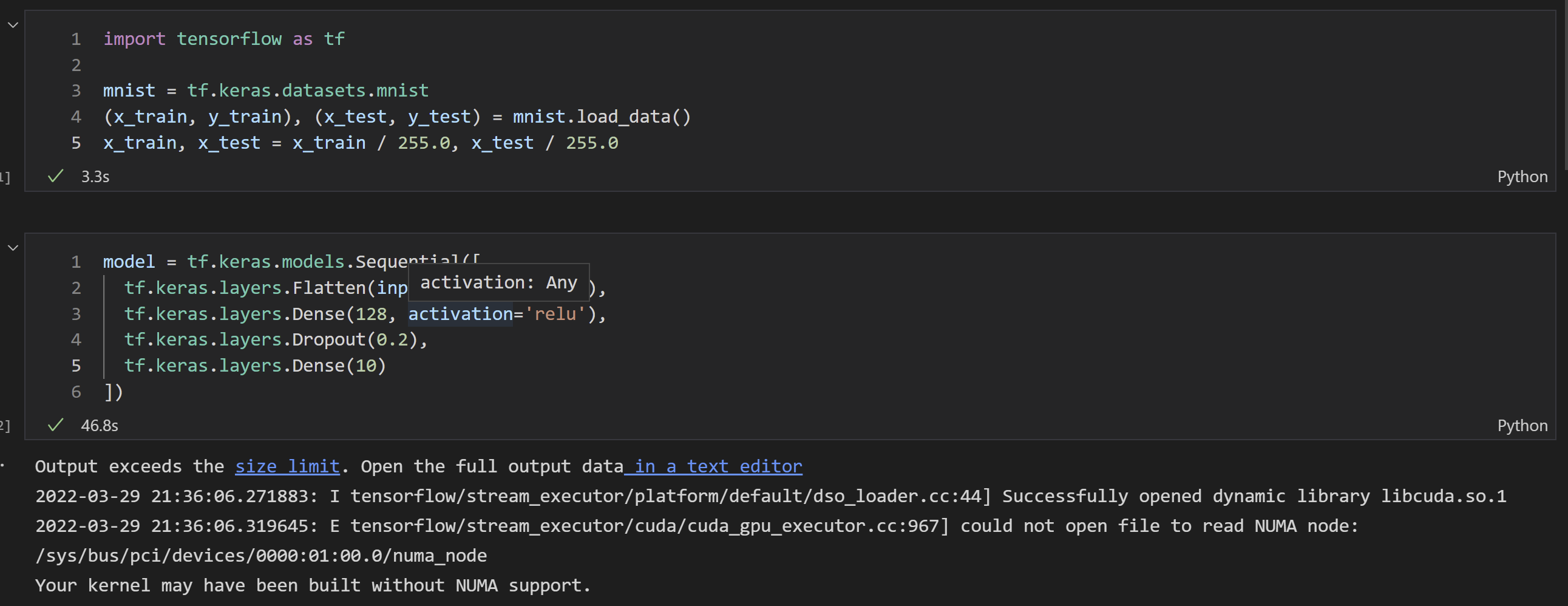 Initial running of TensorFlow on WSL Ubuntu 20.04 looks very very slow ...