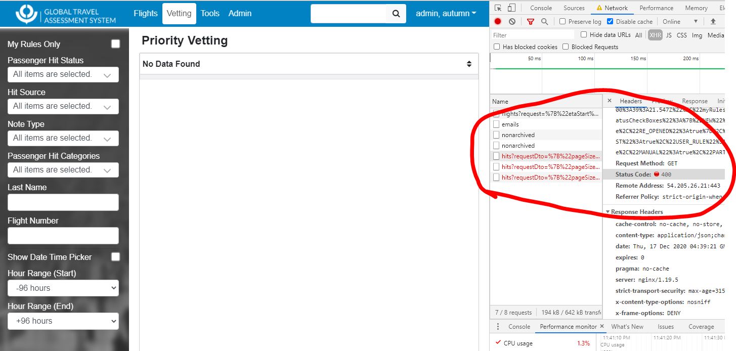 Vetting - 400 error no data · Issue #585 · US-CBP/GTAS-UI · GitHub