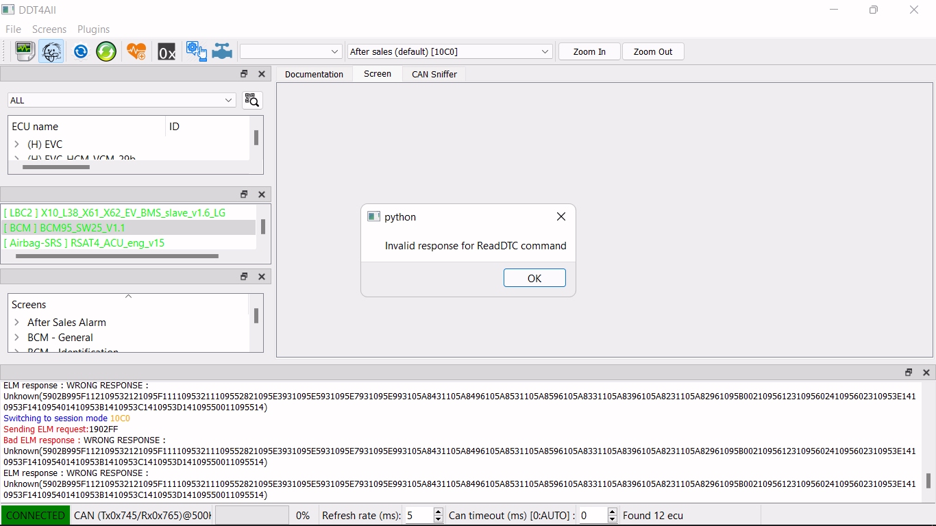 invalid response bcm dtc error