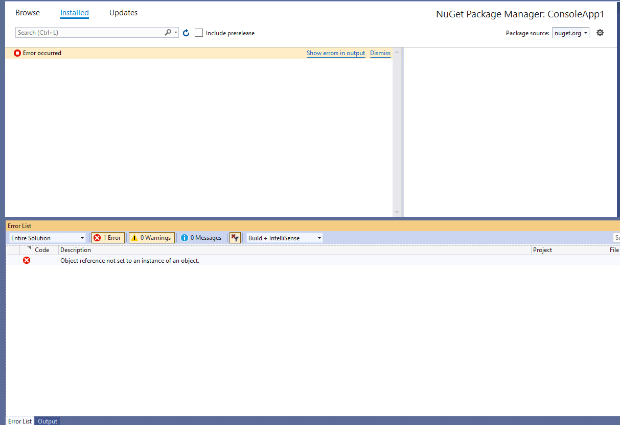 Update to older Package version causes "Object reference not set" error ...