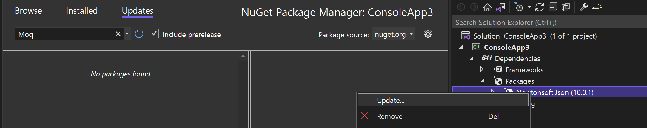 [Bug]: Update Package context menu doesn't work if search text is ...