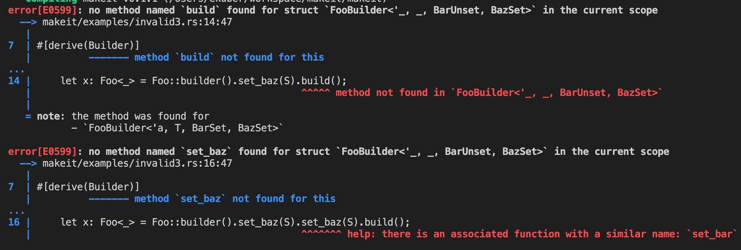 Screenshot of rustc error messages, showing how the compiler tells you when you have an unset or double-set field