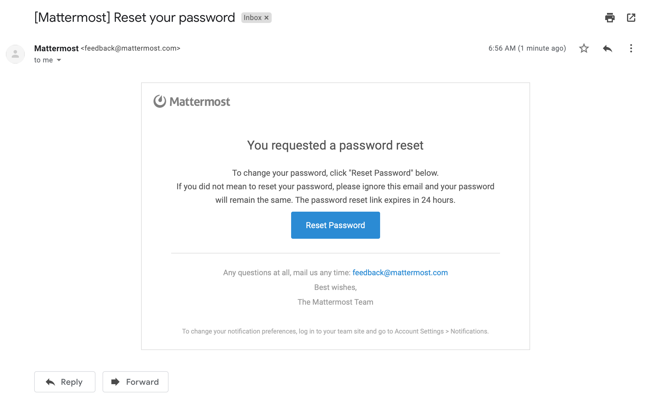 Password reset message says the link is good for 24 hours when it