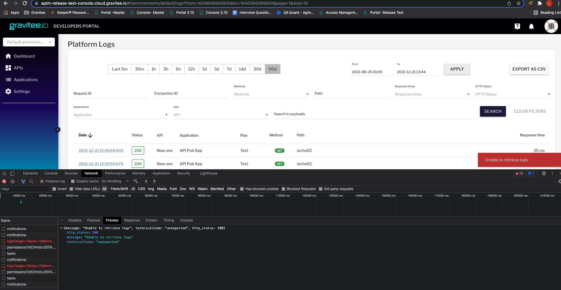 Console Analytics & Logs: 500 error is displayed when trying to view ...