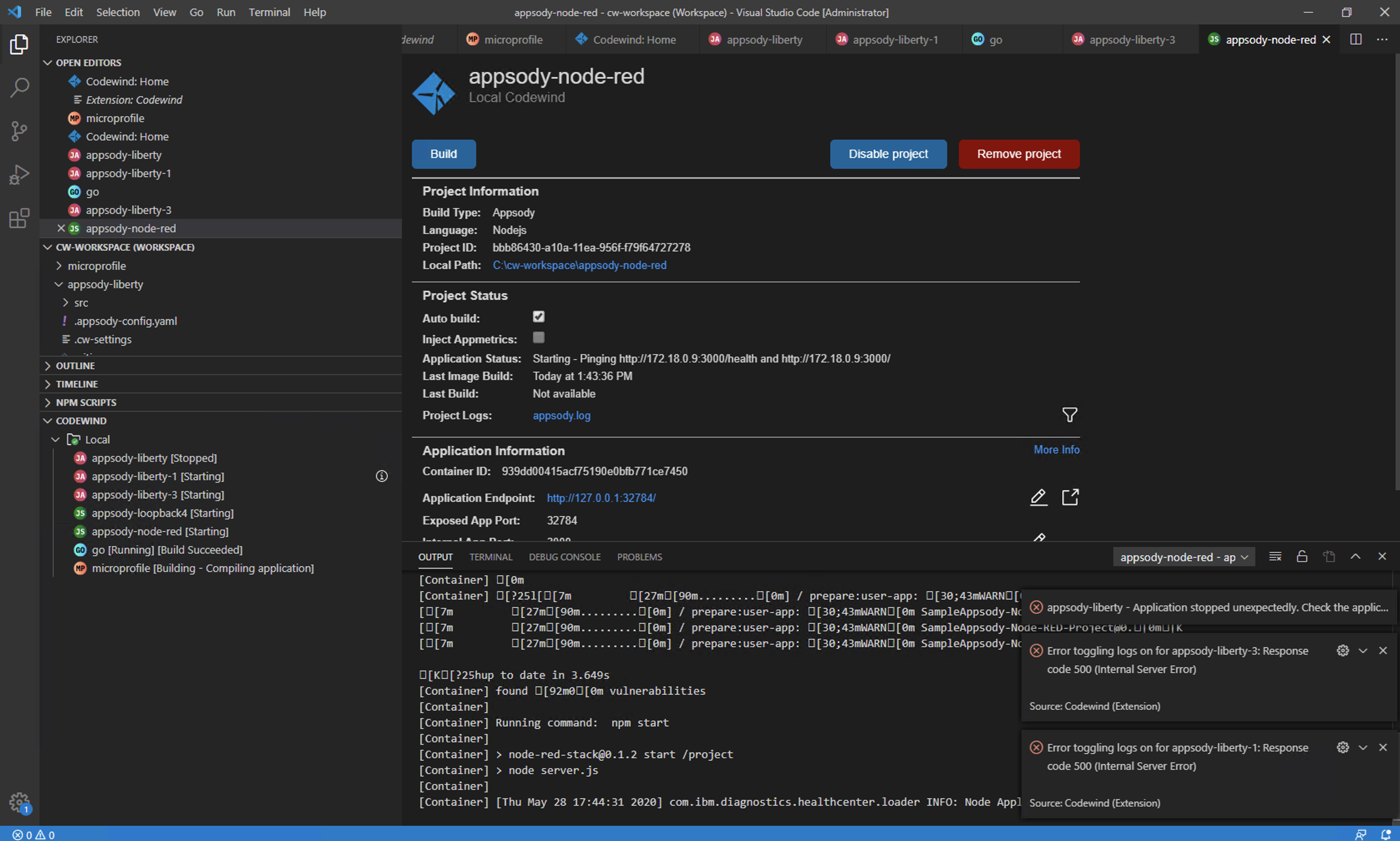 SVT: Error toggling logs: Response code 500 (Internal Server Error ...