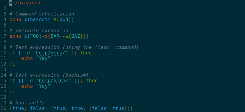 Screenshot of a Bash script with alternating coloured delimiters