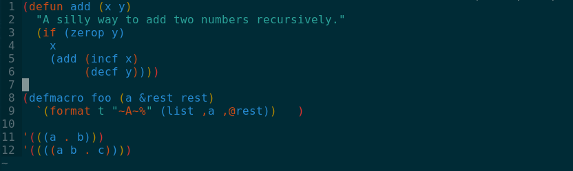 Screenshot of a Common Lisp program with alternating coloured delimiters