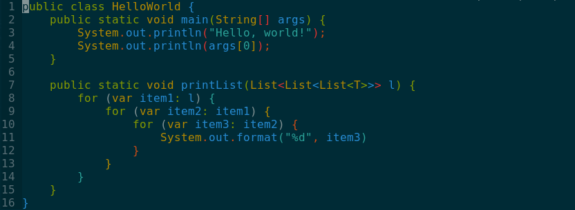 Screenshot of a Java program with alternating coloured delimiters