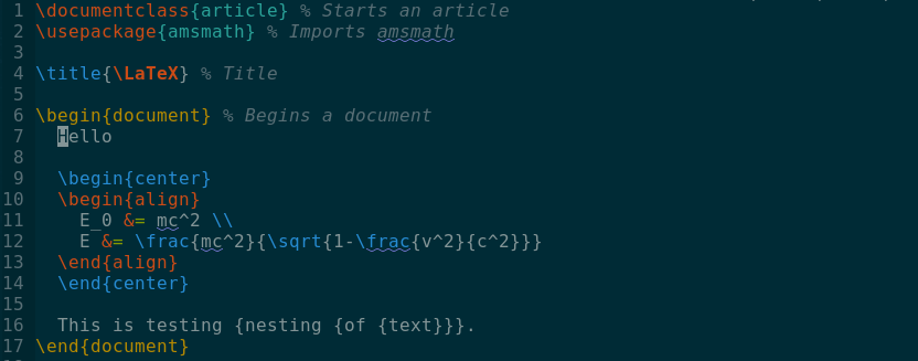 Screenshot of a LaTeX document with alternating coloured delimiters