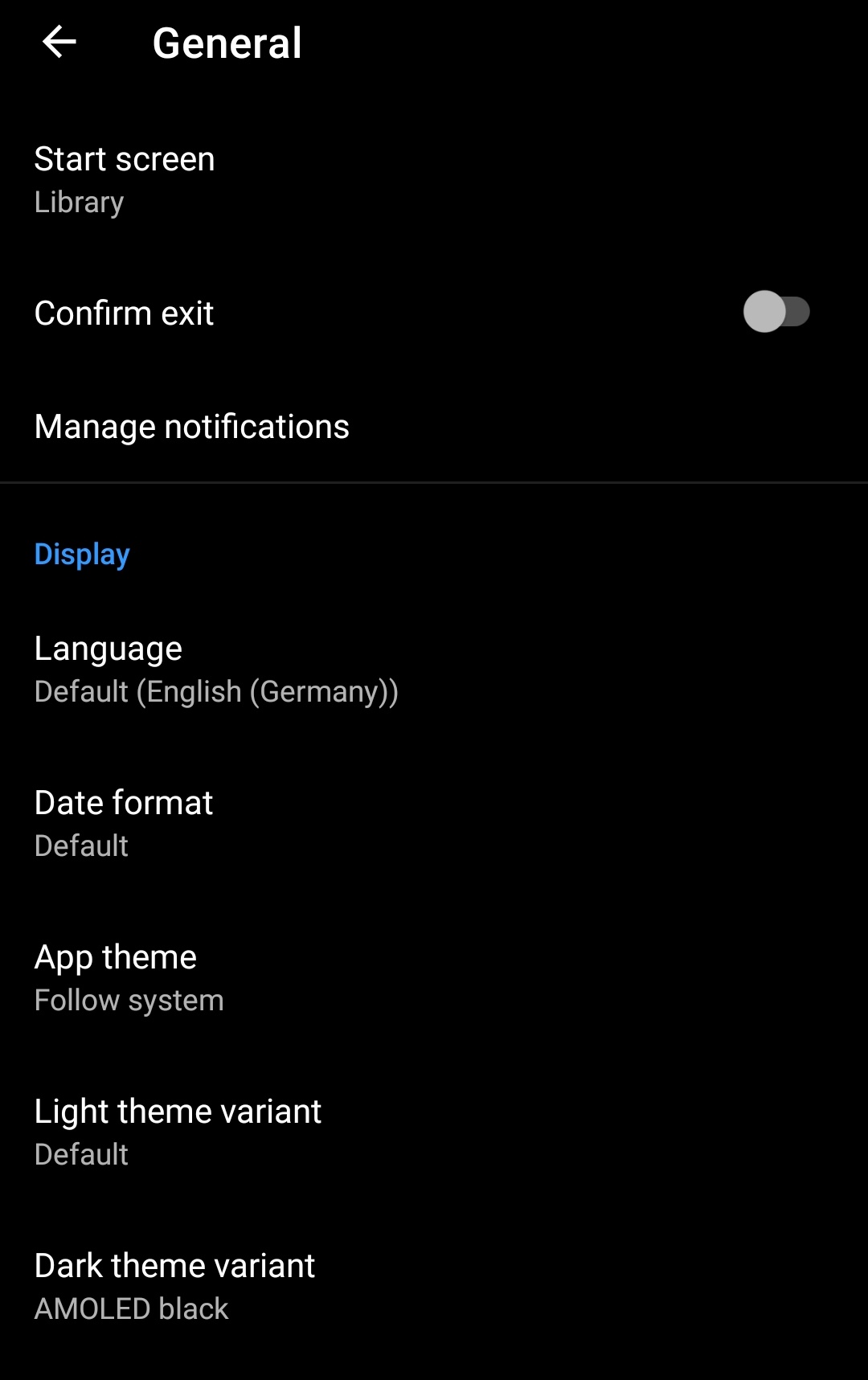 Screenshot of Tachiyomi Gebetskette settings, including the display and theme settings