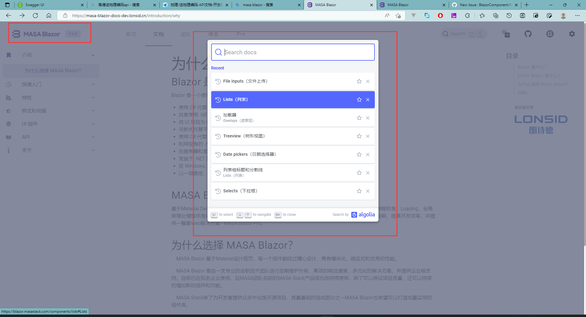 Masa blazor 文档搜索功能会跳转到历史站点 · Issue #669 · masastack/MASA.Blazor · GitHub