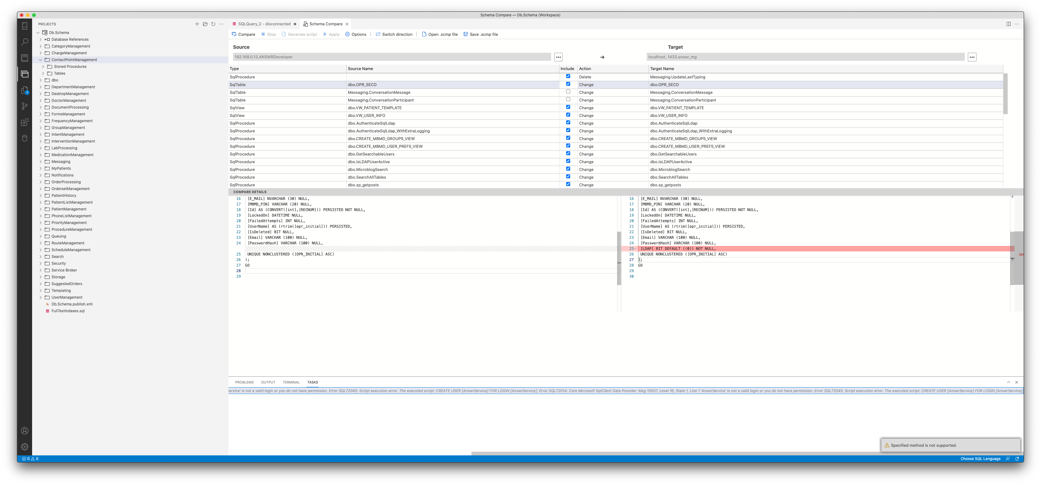Schema Compare: "Specified method is not supported" when deselecting ...