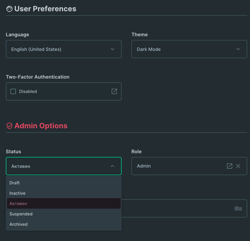 Translation issue - on English interface, user `active` status option ...