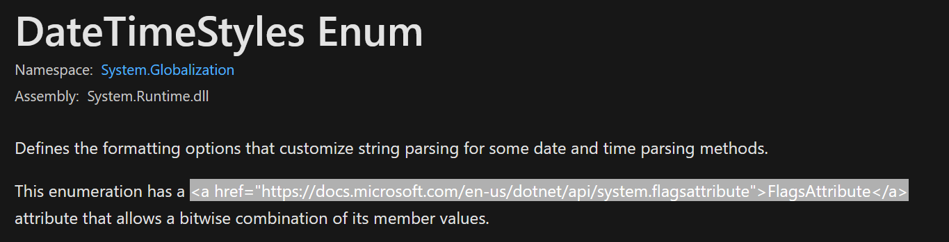 Link for FlagsAttribute in DateTimeStyles Enum doc does not display ...