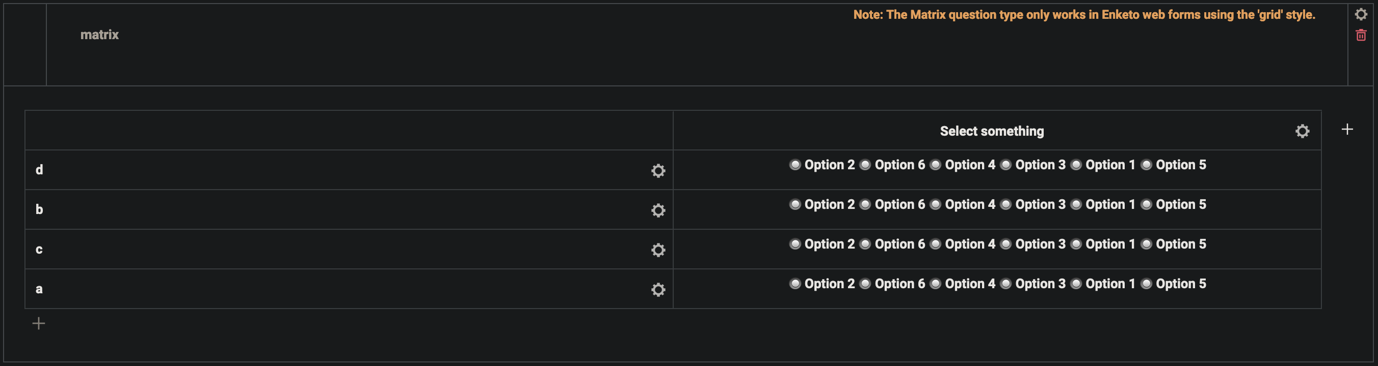 Matrix question rows and choices rearranged in form-builder (only ...