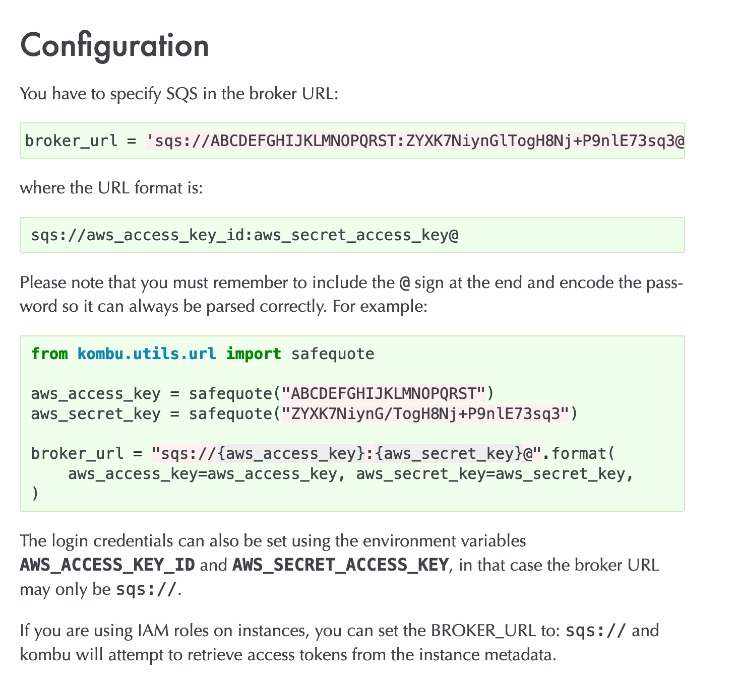 Docs SQS broker url setup via access and secret keys in url might lead