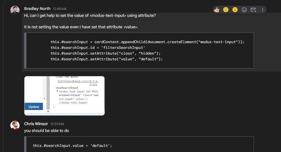 Changing the `value` of Modus Text Input from javascript does not work