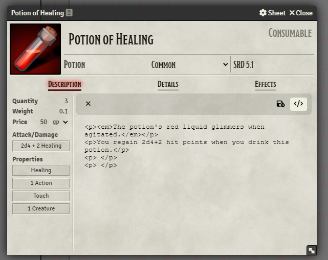 'Potion of Healing' and 'Potion of Greater Healing' in the Items (SRD