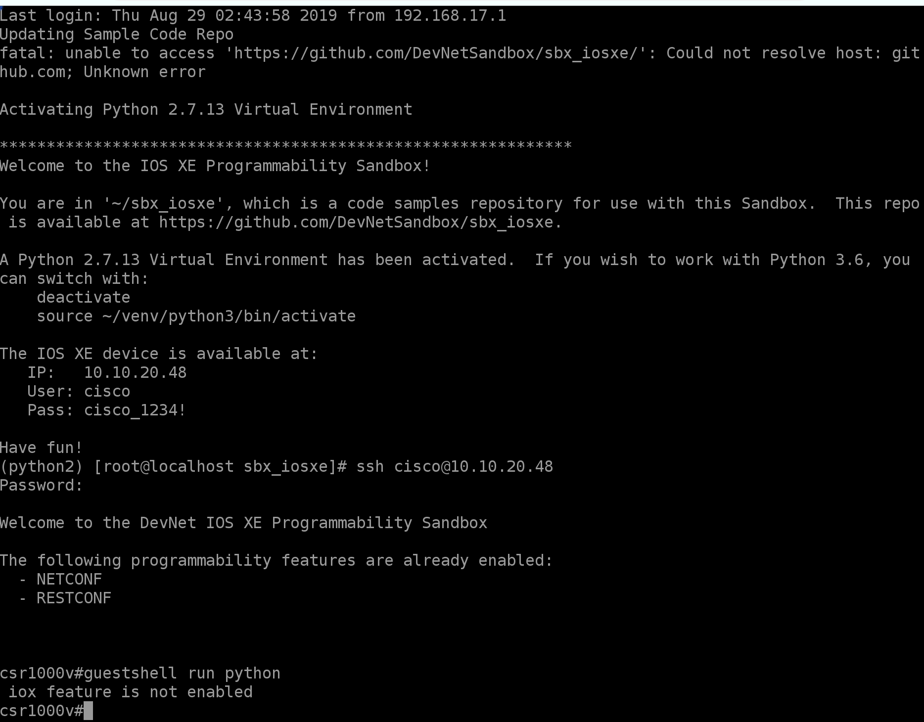 Intro to On-Box Python, Sandbox CSR does not have guestshell python ...