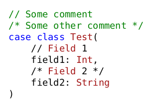 (Scala) Comments in constructor arguments not highlighted correctly ...