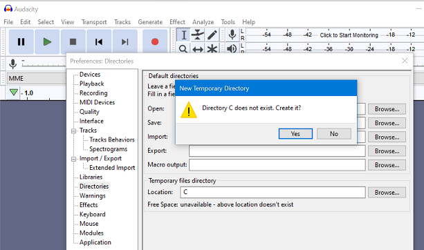 Audacity does not check permissions when the folder path contains only ...