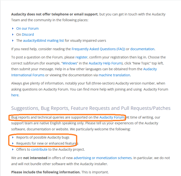 Logging bugs information on the audacity website fails to mention