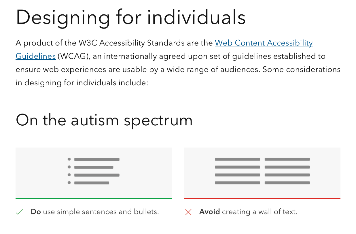 Designing for individuals on the autistic spectrum to use simple sentences and bullets, for screen readers to write descriptive links and headings, and low vision users to use a combination of color, shapes, and text.