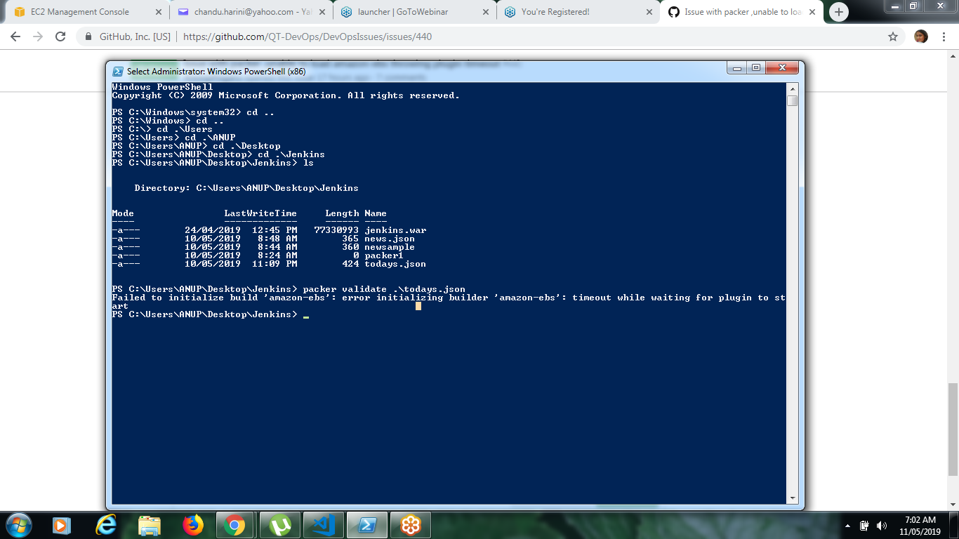Issue with packer ,unable to load amazonebs throwing plugin timeout